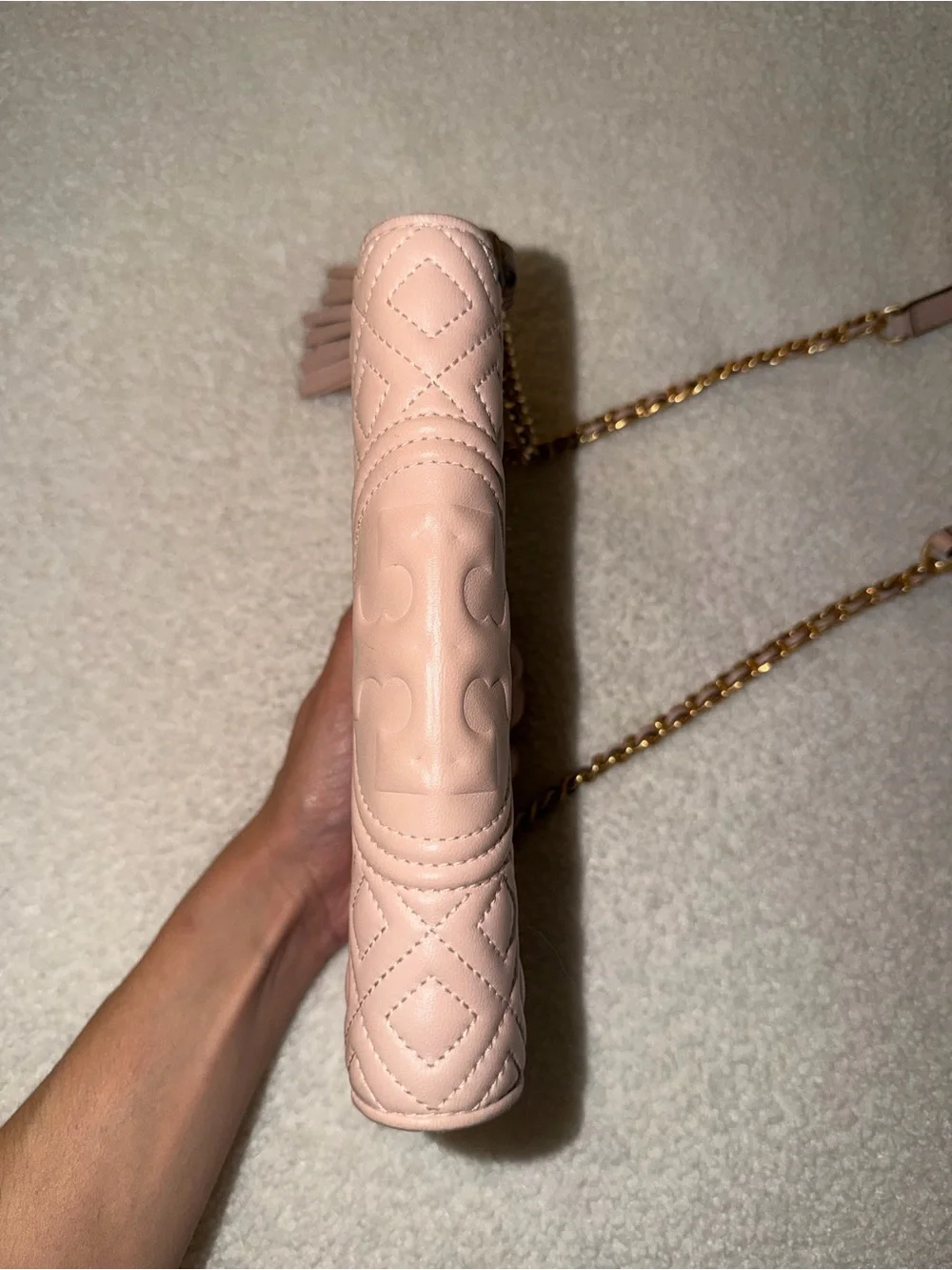 Tory Burch Quilted Crossbody in Dusty Rose with Gold Chain